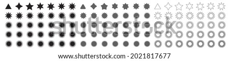 Different stars set. Star shapes icons, multi pointed sparkle symbols, rate sign shapes, rating silhouettes in three styles vector collection