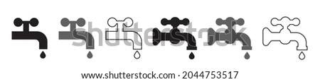 Water tap icon set. Faucet symbol, plumbing sign, drip silhouette, turn off tap concept, old dripping faucet button, vector illustration
