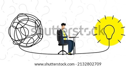 Simplifying the complex, confusion and clarity businessman, path vector idea concept with lightbulbs. Simplification streamlining process, straight and curve vector illustration