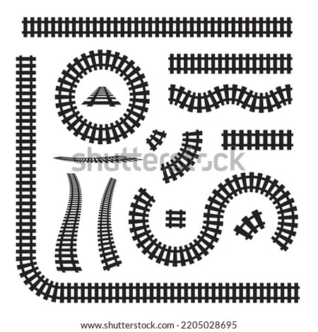 Railway icon set, rails symbol, train tracks sign, railroad pictogram brushes, railway track silhouette, rail way lines vector illustraton