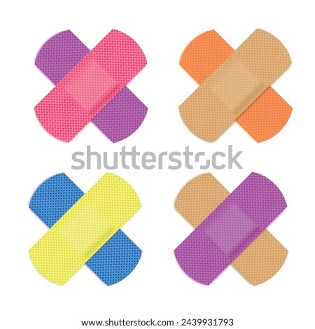 Bandage Plaster Icon, Colourful Medical Patch Symbol, Band Aid Silhouette, Multicolored Sticking Plasters, Colored Bandaid Patches Flat Icons on White Background, Vector Illustration