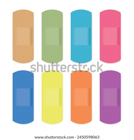 Bandage Plaster Icon, Colourful Medical Patch Symbol, Band Aid Silhouette, Multicolored Sticking Plasters, Colored Bandaid Patches Flat Icons on White Background, Vector Illustration