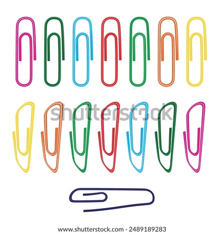 Note Paper Clips Isolated, Paperclips Set, Color Clips, Colorful Stationary, Paperclips Office Equipment on White Background with Copy Space for Text Top View