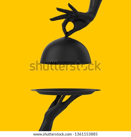 Black Dish with lid holding hands isolated on yellow, opened restaurant cloche, launch time promo banner concept.  3d rendering Photo stock © 