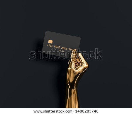 Abstract Gold hand sculpture holding credit card, The best banking offer for VIP customers. 3d illustration