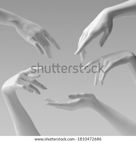White woman 3d hands  showing, reaching from above, pointing and presenting product. Give, take and touch gestures set. 3d rendering