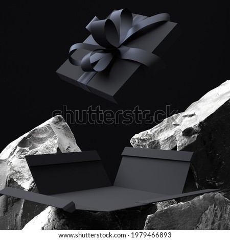 Black gift box wrap among black and white rocks, abstract product presentation, gift present for men, sale banner concept 3d rendering background