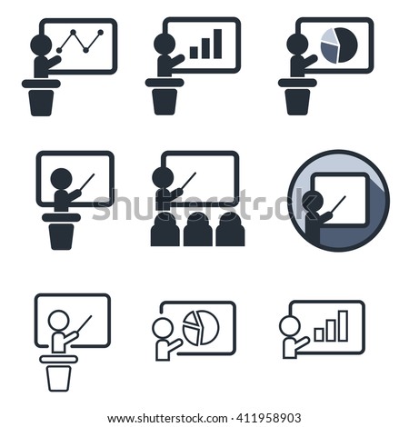 Teaching and audience flat icon set isolated on white. Training or demonstration symbol with diagrams and charts. Man standing with pointer next to school board. 