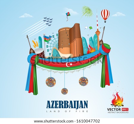 Baku Azerbaijan city vector flag illustration banner background. Independence, Republic, Military day label sticker flat tourism sky land of fire 