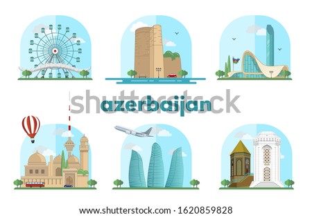 Baku, Azerbaijan Nakhchivan city vector illustrations Maiden tower, Flame towers, Heydar Aliyev center, Huseyn Javid monuments, blue residences sights icon vector design isolated architechture tourism