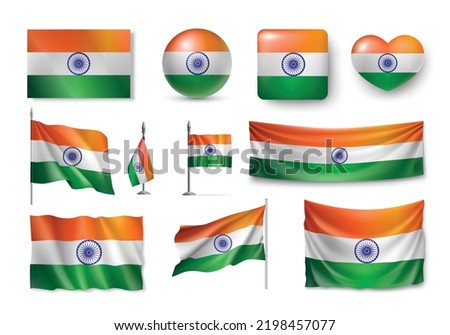 Set Indian flags, 3d banners, banners, symbols, flat icon. Vector illustration of collection Indis