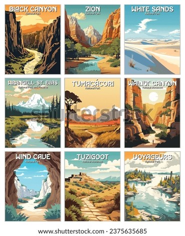 Set of 9 Vector Art of National Park. Black canyon, zion, white sands, wrangell-st.elias, tumacácori, walnut canyon, wind cave, tuzigoot, voyageurs. Template for banner poster.