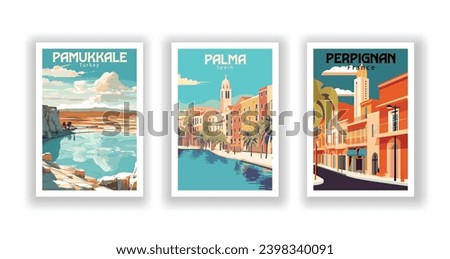Vintage Travel Posters Set - Palma, Spain, Pamukkale, Turkey, Perpignan, France