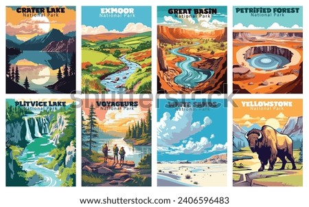 National Parks - Crater Lake, Exmoor, Great Basin, Petrified Forest, Plitvice Lake, Voyageurs, White Sands, Yellowstone
