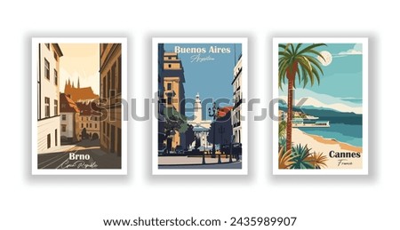 Brno, Czech Republic. Buenos Aires, Argentina. Cannes, France - Vintage travel poster. Vector illustration. High quality prints