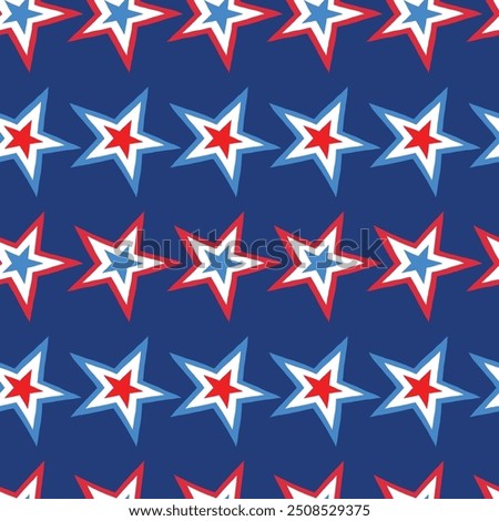 Patriotic Stacked Red White and Blue Stars in Horizontal Stripes on a Royal Blue Background creating a seamless pattern print background