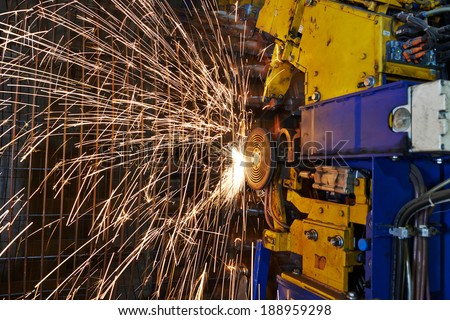 Spot welding machine. Concrete tube reinforcement production at factory