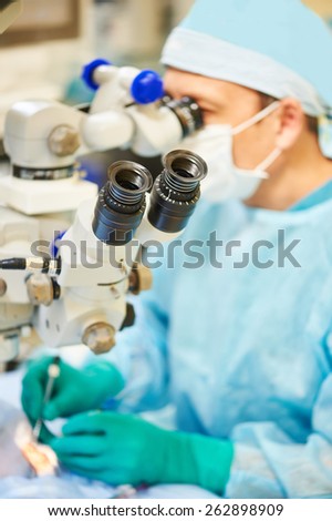 ophthalmology theme. Male surgeon doctor performing laser eye vision correction operation