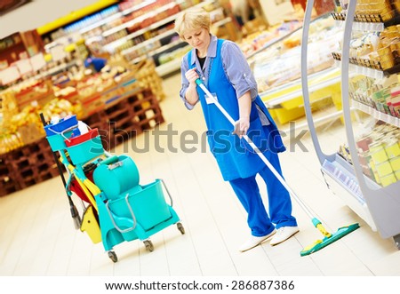 Floor care and cleaning services with mop in supermarket shop store