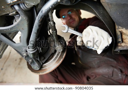 mechanic repairman at car break disk maintenance work by using spanner