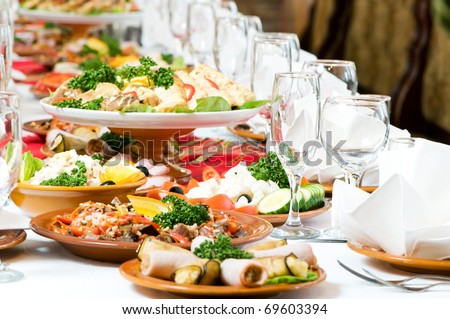 Similar – Image, Stock Photo Served banquet table with elegant decorations and plates with cutlery