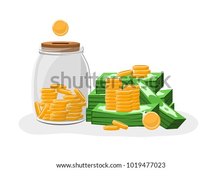 Money box glass jar filled with gold coins  and dollars banknotes piles.