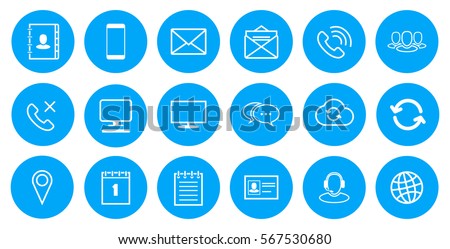 Round Outline Communication Icons Set on light blue background