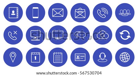 Round Outline Communication Icons Set on blue background