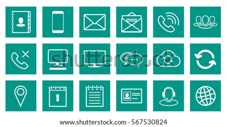 Square Outline Communication Icons Set on emerald background