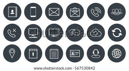 Round Outline Communication Icons Set on black background