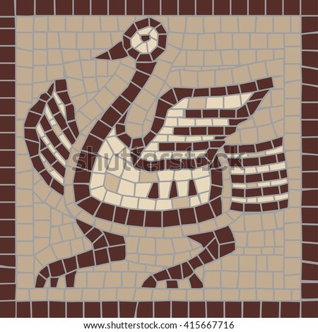 Decorative mosaic - a bird in the folk style. The classic Roman mosaic. Ideal for floor and wall decoration, logo. Each element is isolated and edited. Vector 10 EPS.