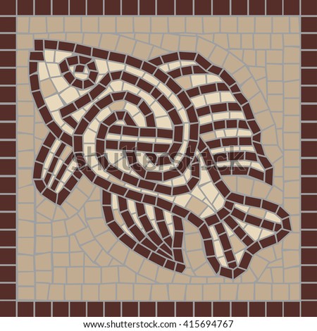 Decorative mosaic - a fish with Scandinavian ornament. The classic Roman mosaic. Ideal for floor and wall decoration, logo. Each element is isolated and edited. Vector 10 EPS.