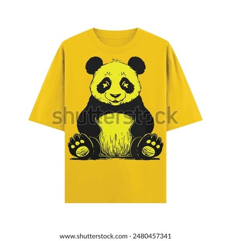 a yellow panda bear with a black and white picture on the front of his shirt.