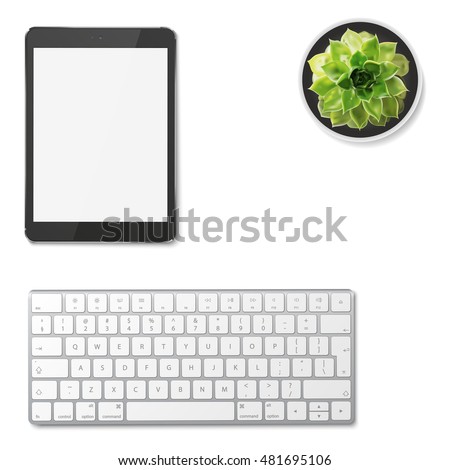 Realistic tablet pc computer with blank screen, modern aluminum keyboard and green succulent flower in ceramic pot isolated on white background. Vector  illustration. Eps10.