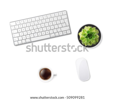 White office desk table with wireless aluminum keyboard, mouse, cup of coffee and succulent flower in pot. Top view with copy space. Flat lay. Vector illustration. EPS10.

