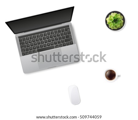 White office desk table with laptop, mouse, cup of coffee and succulent flower in pot. Top view with copy space. Flat lay. Vector illustration. EPS10.