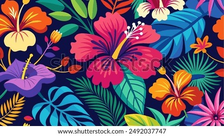 the beauty of nature with a colorful hibiscus pattern in a whimsical and playful drawing style, featuring the exotic flowers abstract background