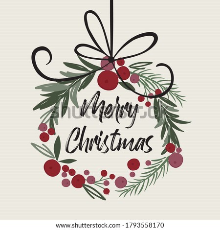 Christmas decoration wreath with Merry Christmas letter, Christmas traditional vector illustration