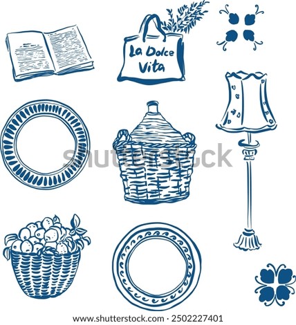 Vector linear doodle illustrations with cozy interior accessories. Hand painted Dolce Vita set isolated on white background. For design, print, interior or background.