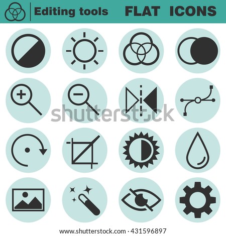 Set of flat editing icons. Contrast, brightness, hue, color, filter, curve, levels symbols. Vector illustration isolated on white background