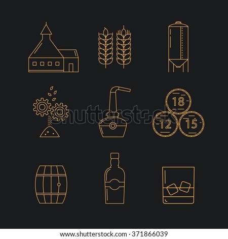 Set of whisky icons. Modern line style icons of whisky process and whisky industry. Gold pictogramm collection for whisky design. Flat vector symbols for whisky bar, restaurant,  pub.