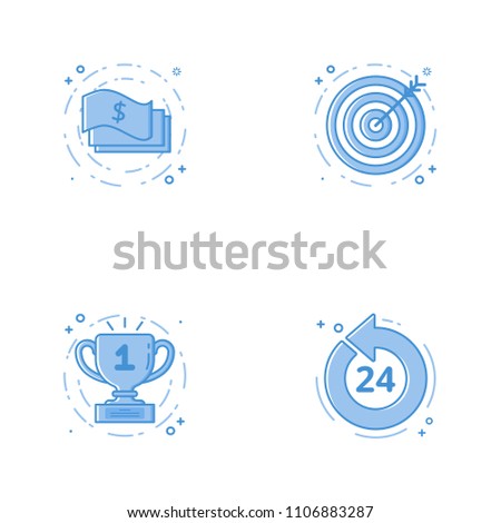 Vector business Illustration in filled bold line style. Set of outline cute and simple icons with cash, aim or targe goal, 24 7 coin. Use in Web Project and Applications Outline isolated object. Imagine de stoc © 