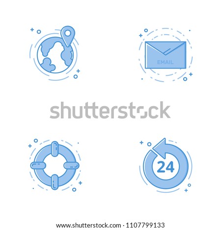 Vector business Illustration in filled bold line style. Set of outline cute and simple icons with globe, email letter, help circle and 24 7. Use in Web Project and Applications Outline isolated object