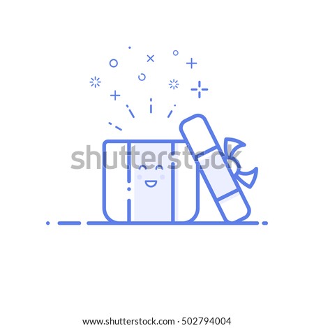 Vector illustration of icon shopping, surprise concept in line style. Linear blue gift or bounty. Design for internet, banner, web page and mobile app. Outline object e-commerce.