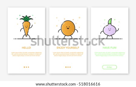 Vector Illustration of onboarding app screens and outline web vegetables icons for mobile apps . Modern red interface UX, UI GUI screen template for mobile smart phone or responsive web site.