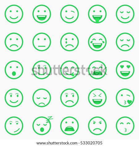 Set of green Emoticons, Emoji and Avatar. Outline style isolated vector illustration on white background. Happy, sad, disappointment face icon graphic.