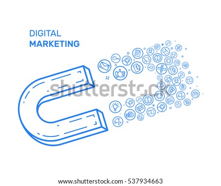 Vector illustration with blue icon in flat line style. Design concept for digital marketing, social campaign, engaging, blogging Use in Web Project and Applications. Outline isolated object.