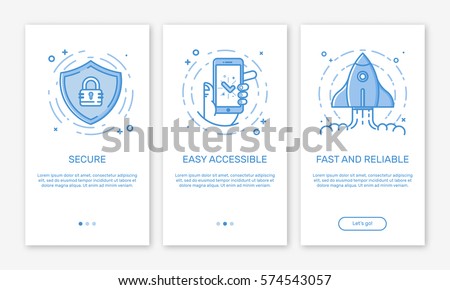Vector Illustration of onboarding app screens and web concept banking application for mobile apps in line style. Modern blue interface UX, UI GUI screen template for smart phone or web site banners.
