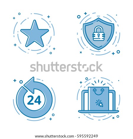 Vector illustration set of flat bold line icons with star - favorite sign, shield - web security, 24 7 , laptop white screen. Graphic design concept of e-commerce. Blue outline isolated object.