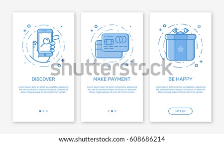 Vector Illustration of onboarding app screens and web concept online mobile payments application for apps in line style. Blue interface UX, UI GUI screen template for smart phone or web site banners.